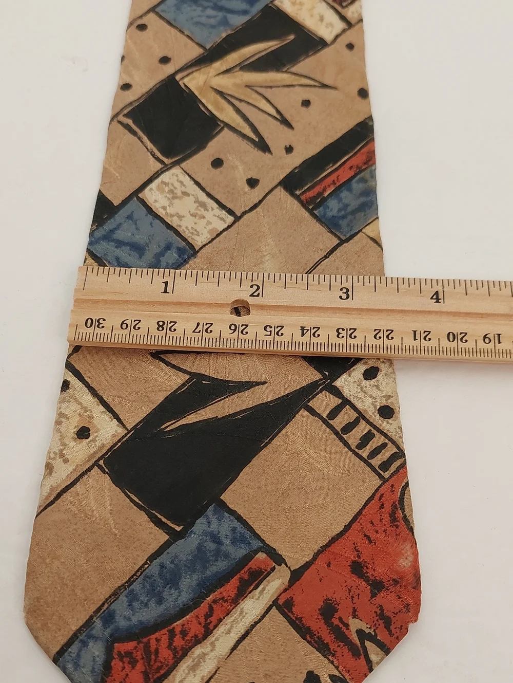 Bugatti Men's Tie Abstract Geometric Silk Tie in Tan with Blue & Red Accents